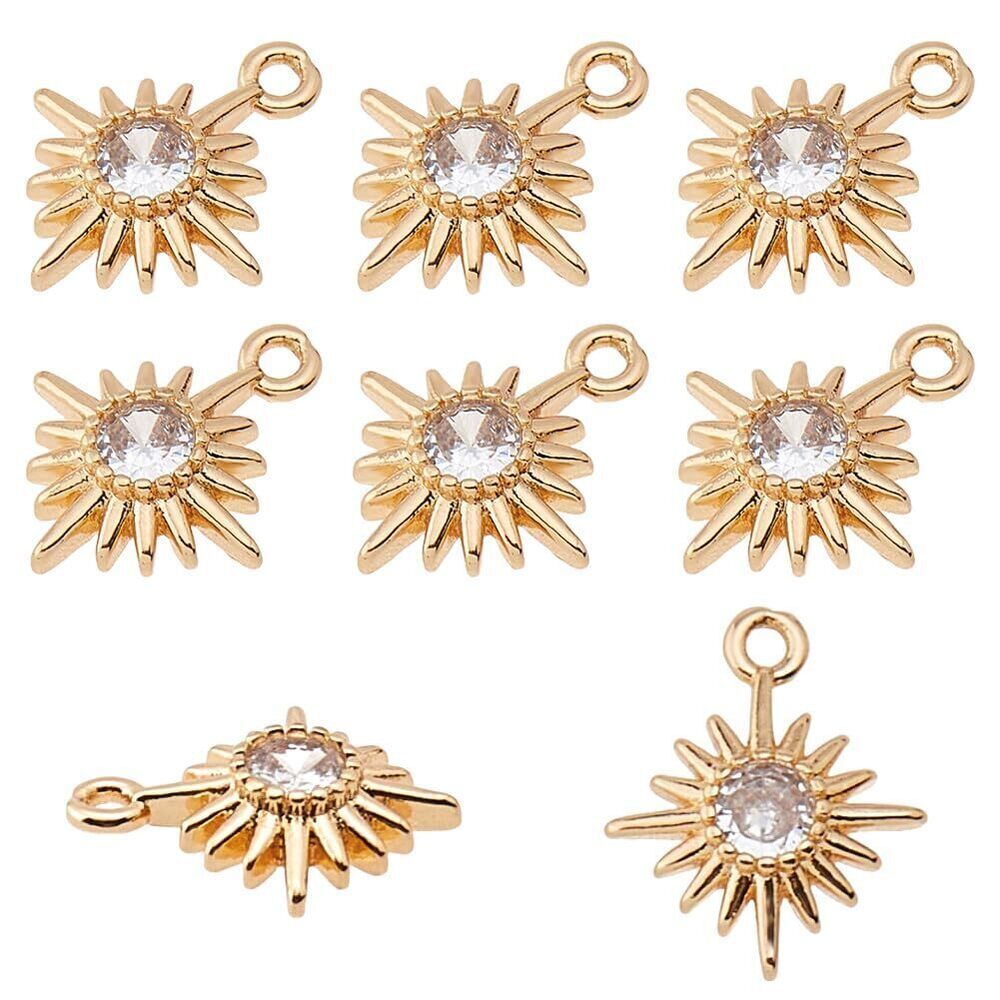 1513 30Pcs Brass Sun Charms Gold Plated Cubic Zirconia Dangle Charms
